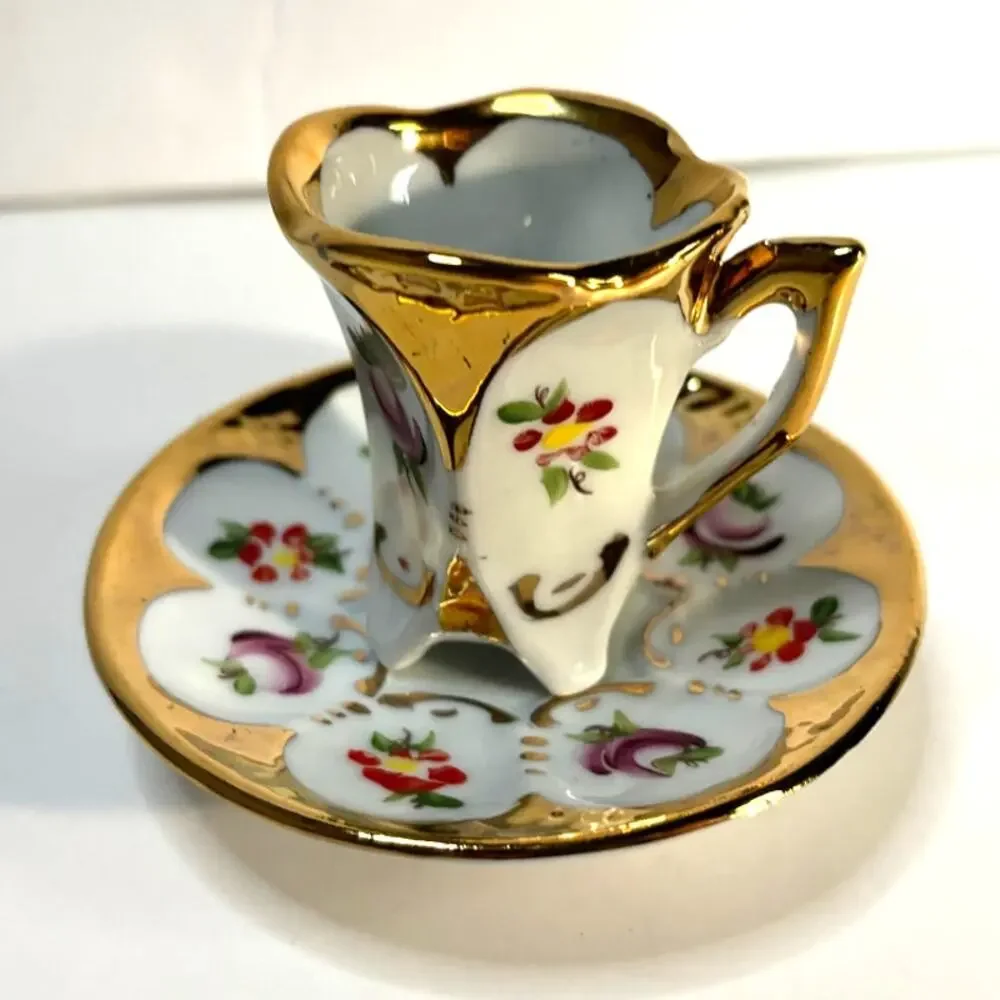 Delicate Hand Painted Footed Demitasse Gold Floral Aveiro Portugal Espresso Cup